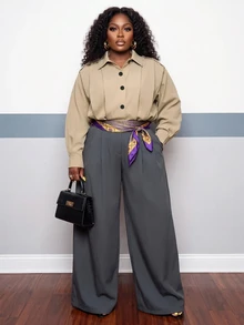 Slaydiva Plus Size Women's Shirt Jacket, Khaki Stand Collar Epaulet Plus Size Utility Shacket - Khaki - View 6