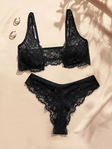 Charlaine French Sexy Lace Petal Patchwork Women's Bra & Panty Set 2pcs - Black - View 5