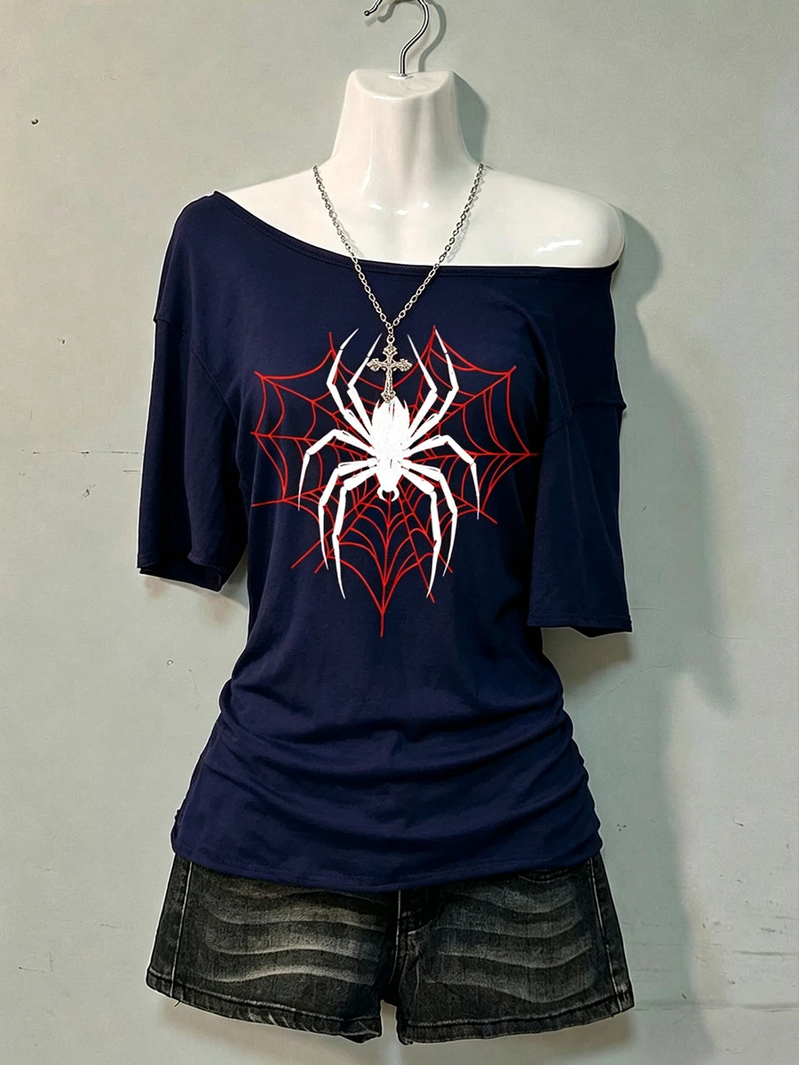 Teen Girls Casual Minimalist Spider Pattern Asymmetrical Shoulder Short Sleeve Top, Suitable For All Seasons - White - View 1