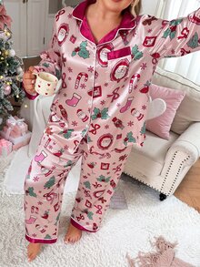 Slumberry CURVE Plus Size Women's All-Over Print Long Sleeve Top And Pants Casual Daily Home Sleepwear Set - Pink - View 1
