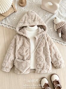 Elladie kids 女童舒適保暖毛絨外套，愛心圖案設計，附可愛心形斜挎包，適合秋冬穿著 - 杏色 - 查看 1