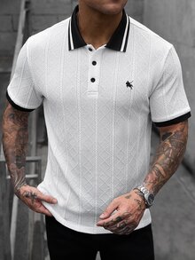 Manfinity CasualCool 男士白色提花針織 Polo 衫，標準版型對比領刺繡短袖 Polo 衫，學院風休閒商務休閒男士日常辦公上衣 - 白色 - 查看 5