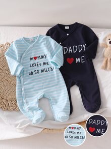 SHEIN 2件裝新生兒純色條紋連身衣 - 彩色 - 查看 3