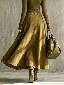 Glimmora Autumn/Winter Plus Size Women's Vintage Fashion Plus Size Flare Solid Color Pocket Skirt Fall - Olive Green - View 2