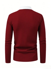 Manfinity Homme Men's Contrast Color Long Sleeve Casual Commuter Versatile Polo Shirt Buttoned Knitted Polo Grey, Formal, Ceremony - Burgundy - View 2