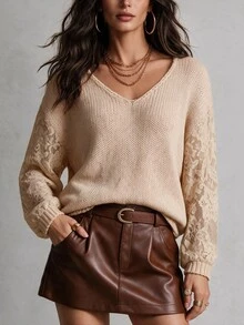 Solivie Women's Autumn/Winter V-Neck Long Sleeve Apricot Color Contrast Lace Sweater Top - Apricot - View 6