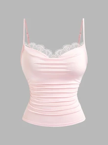 Sweetra Atasan Camisole Serbaguna Model Kerah Cowl dengan Patchwork Renda untuk Wanita Ukuran Plus Eropa - Berwarna merah muda - View 5
