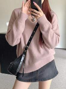 Livesso 女款純色寬鬆版型長袖V領針織毛衣 - 粉色 - 查看 4