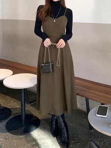 DAZY Solid Color Fitted Waist Flare Strap Dress Elegant Vacation Korean Style Spring Autumn Long Dress For Women - Brown - View 7