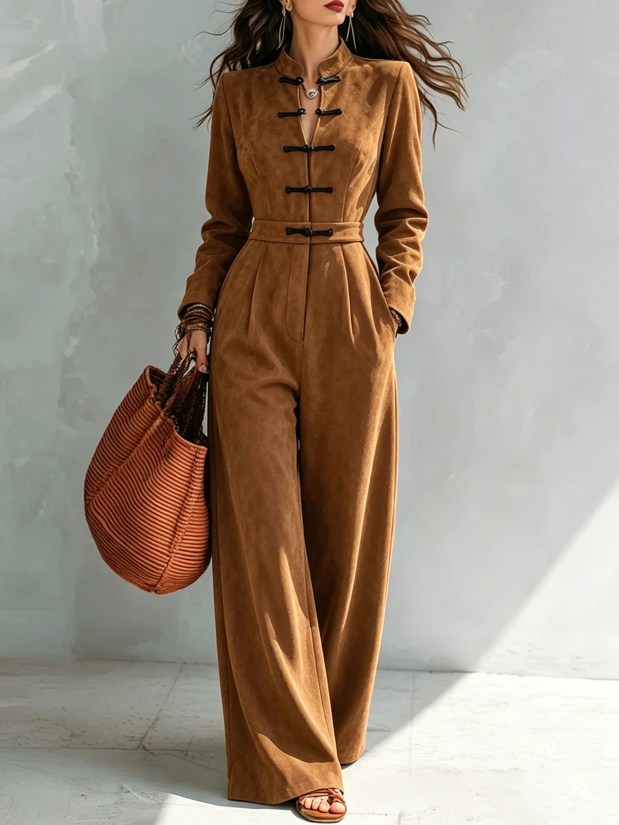 SHEIN New Chinese Style Frog Button Stand Collar Jumpsuit - Brown - View 1