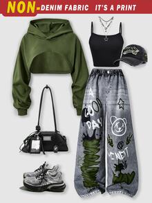 SHEIN ChillGRL Streecool 童裝休閒學院風青少年女孩寬鬆街頭風丹寧效果長褲、連帽衛衣、秋季套裝、修身細肩帶背心上衣 - 軍綠色 - 查看 1
