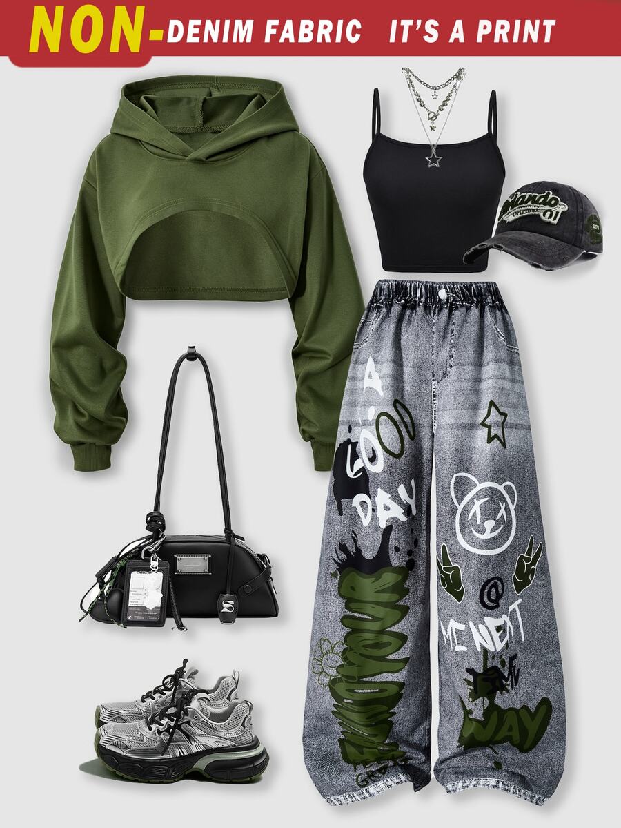 SHEIN ChillGRL Streecool 童裝休閒學院風青少年女孩寬鬆街頭風丹寧效果長褲、連帽衛衣、秋季套裝、修身細肩帶背心上衣 - 軍綠色 - 查看 1