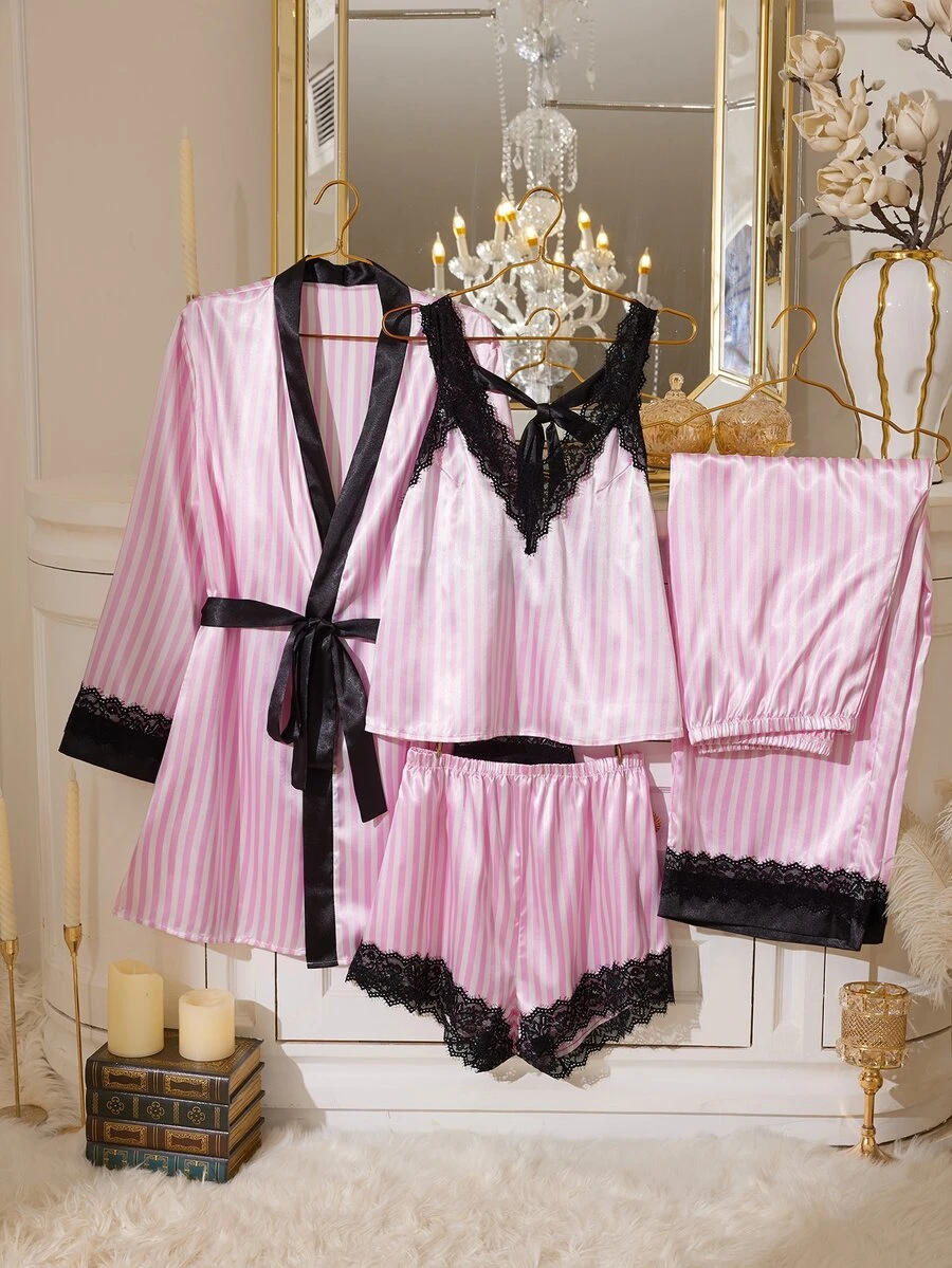 MuseNap CURVE 5pcs Pink & White Striped Black Lace Patchwork Long Sleeve Robe, Camisole, Shorts, Pants Elegant Women's Pajama Set - Pink - View 1