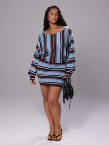 Rustia Plus Size Women Striped Off Shoulder Batwing Sleeve Knit Two Pieces Outfits, Loose Knit Top & Bodycon Mini Skirt Matching Set, Fall Winter Item - Black - View 5