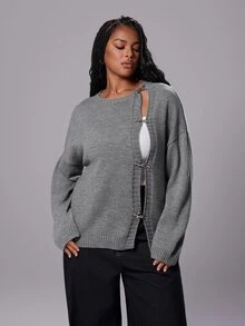 Rustia Plus Size Women's Button Up Stand Collar Long Sleeve Cardigan Sweater Jacket, Autumn/Winter Back To School - Grey - View 6