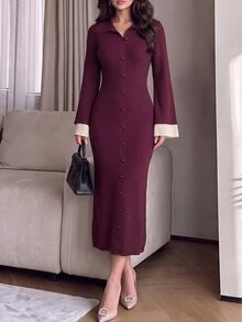 Modelyn Women's Colorblock Casual Everyday Knit Dress - Burgundy - View 4