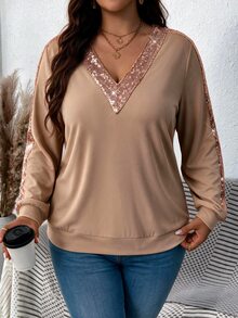 Weeklong Plus Size Women's Champagne Sequin Double Brushed Wool V-Neck Long Sleeve Sweatshirt - Khaki - View 4
