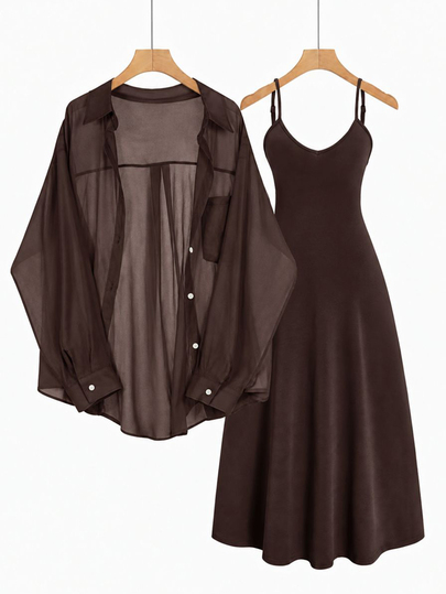 SHEIN LUNE Plus Size Casual Chiffon Jacket Shirt And Knitted Camisole Dress 2 Pieces Set