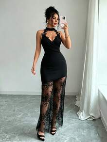 SHEIN PETITE فستان ماكسي أسود برقبة هالتر ودانتيل للنساء عصري - الأسود - مشاهدة 3