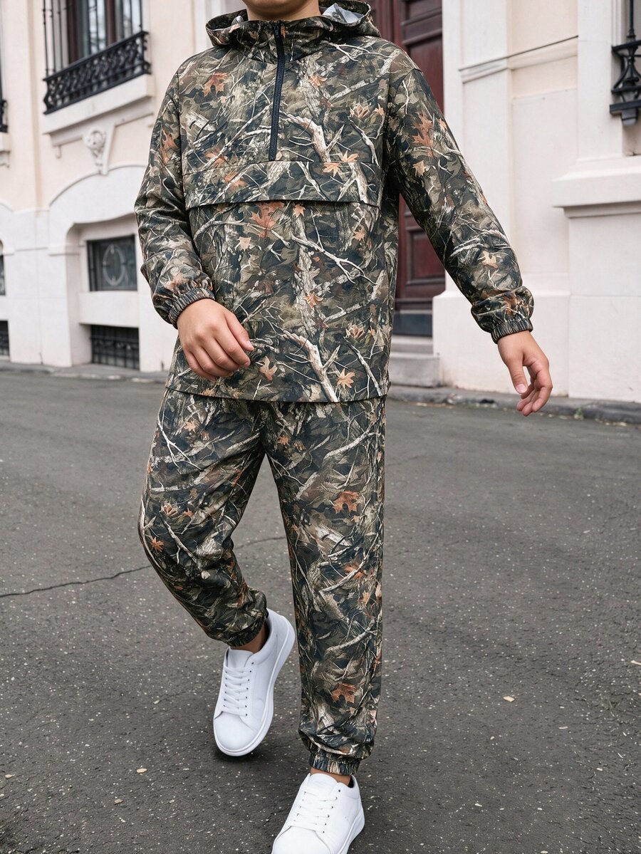 2件組兒童青少年男孩半拉鍊連帽外套與慢跑長褲套裝，休閒運動風，適合秋冬通勤、上學、日常穿著、度假、旅行與運動