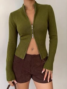 Aloruh 女款休閒羅紋高領拉鍊長袖針織開襟衫，黃色，適合日常穿著與運動，秋冬款 - 橄欖綠 - 查看 7