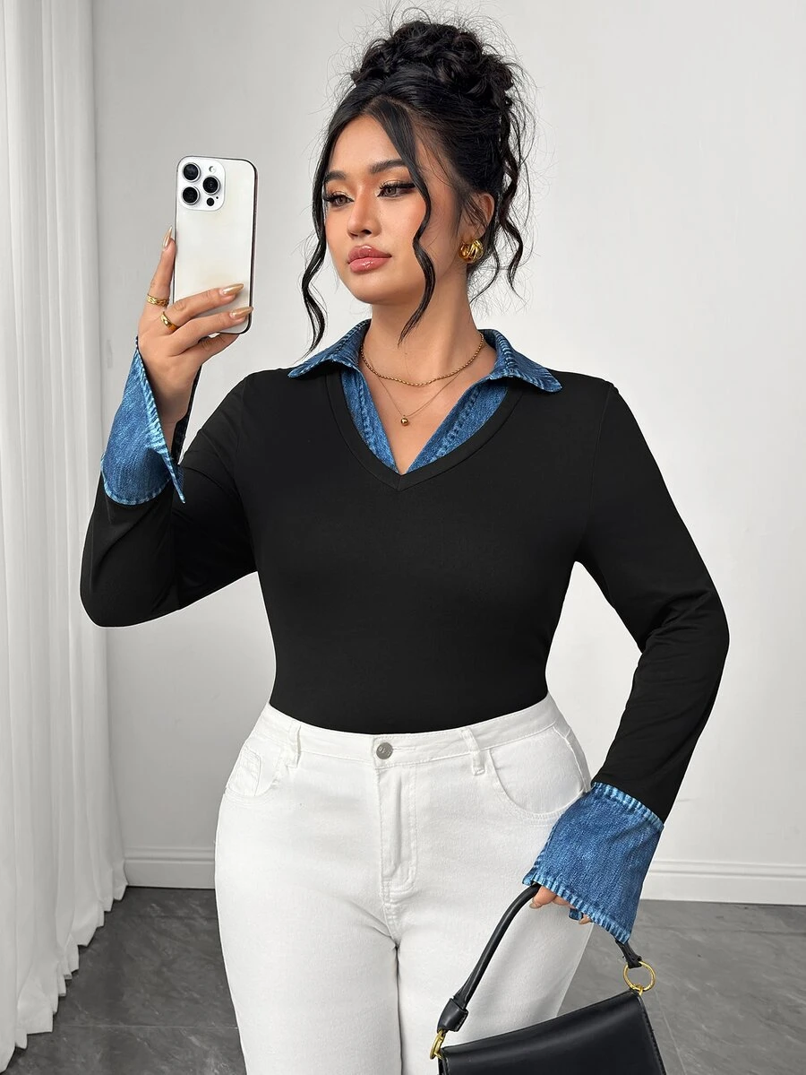 Elenzga Plus Size Women's Spring/Autumn Denim Patchwork 2 In 1 Lapel V-Neck Long Sleeve Slim Fit Flattering Bell Sleeve Blouse - Multicolor - View 1
