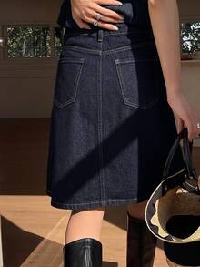 DAZY Women's Regular Mid-Waist A-Line 5-Point Denim Skirt, Casual Elegant Skirt - Dark Wash - View 2
