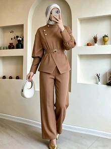 Celisse Women's Autumn/Winter Elegant Commute Metal Buckle Decor Shirt And Long Pants 2 Pieces Set - Camel - View 4