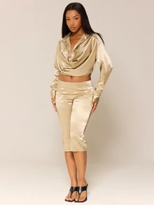 MUSERA Metallic Satin Low Rise Fitted Flare Coord Trouser Sexy Evening Night Going Out Fall Winter Autumn Solitude - Khaki - View 1