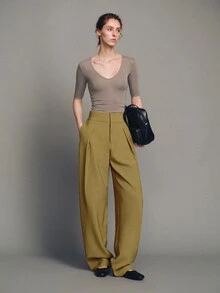 MOTF PREMIUM WOMEN'S SOLID COLOR CASUAL VERSATILE DAILY WEAR WIDE LEG LONG PANTS - Khaki - View 1