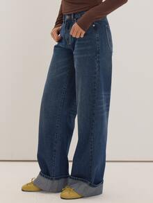 MUSEYN Blue Wash Denim Wide Leg Turn Up Hem Jeans Versatile Everyday Casual New Season Fall - Blue - View 3
