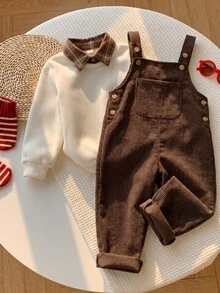 SHEIN 兒童小男孩/小女孩 2件組秋冬休閒時尚運動衫套裝，POLO領運動衫搭配綠色燈芯絨吊帶褲套裝，小男孩秋冬服飾套裝，Squishy - 卡其色 - 查看 5