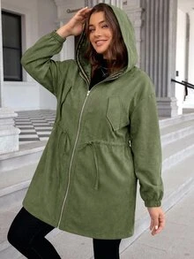 SHEIN LUNE 大尺碼素色連帽前開襟拉鍊休閒長袖外套 秋季服飾 - 軍綠色 - 查看 7