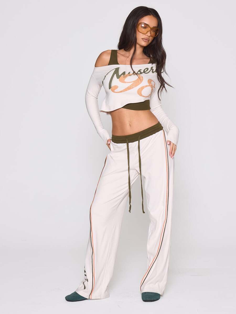 MUSERA Graphic Slogan Printed Striped Elasticated Drawstring Waist Jogger Autumn Winter Fall Coolgirl Holiday Everyday Roadside Renegade - Cream - View 1
