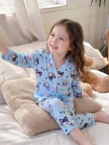 SHEIN 女童甜美可愛優雅休閒日常舒適藍色小貓兔子蝴蝶結卡通印花前開襟長袖上衣與長褲兩件套 柔軟親膚針織面料家居服 - 淺藍色 - 查看 7