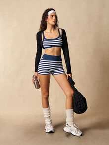 VARSIVA Women's Striped Bra And Shorts Sports Set - Navy Blue - View 4