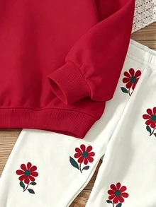 青少年女孩休閒可愛花卉圖案圓領長袖衛衣與內搭褲2件套，適合秋冬穿著 - 白色 - 查看 7