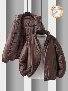 SHEIN Teen Boy Solid Color Long Sleeve Zip-Up Casual Winter Jacket - Coffee Brown - View 4