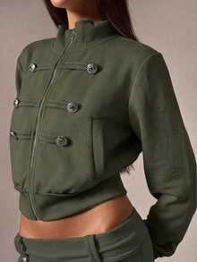Athîral Women's Casual Zip-Up Long Sleeve Napoleon Sweatshirt - Army Green - View 5