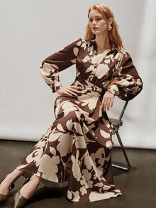 Aveloria Modichic European And American Style Autumn/Winter New Fashion Versatile Floral Print V-Neck Pleated Design Elegant Commute Classic Women's Long Dress - Multicolor - View 7