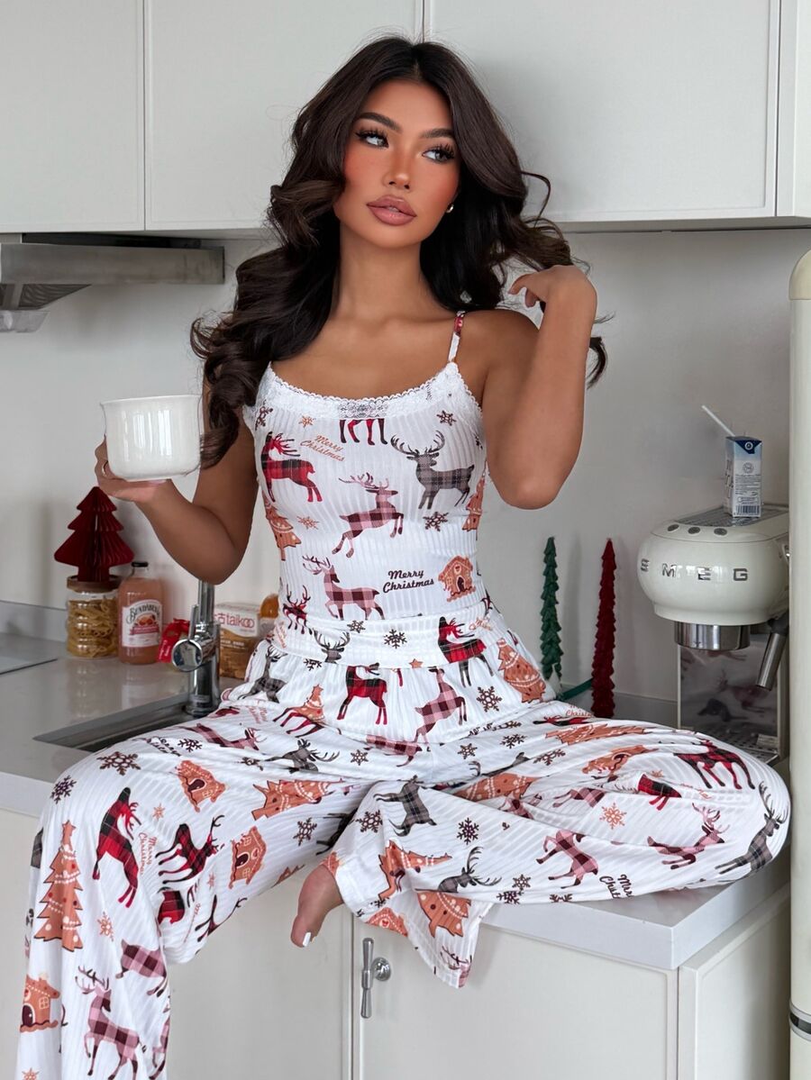 ZzzCrew Christmas Pajama Set With Strapless Pants, Cute Reindeer Print, High-Quality Ribbed Fabric With Lace Accents - Red - View 1