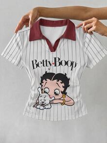 Attitoon Betty Boop x SHEIN 女款 Betty 聯名印花圖案 T 恤，適合外出、街頭穿搭、機場造型、時尚、返校、Y2K、派對、海灘度假、節日 - 彩色 - 查看 6