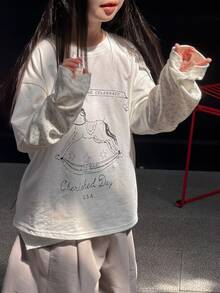 Livesso Tween Girl Letter & Rocking Horse Print Crew Neck 2 In 1 Long Sleeve Casual T-Shirt - White - View 1