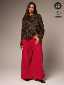 Athîral Celana Kargo Merah Longgar Wanita, Bahan Katun, Pinggang Rendah, Tali Serut, Banyak Saku, Kaki Lebar, Cocok untuk Semua Musim, Gaya Urban, Sehari-hari, Celana Wanita - Merah - View 4