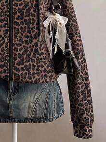 SHEIN EZwear 經典棕色豹紋拉鍊連帽衛衣，棕色調，秋季休閒街頭風，Y2K復古風格，適合日常穿著與度假 - 彩色 - 查看 4