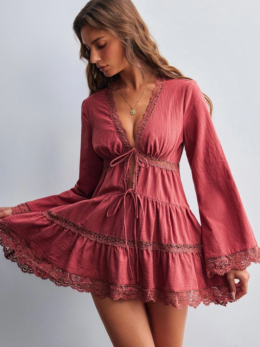 Willow Rêve Women's Woven Red-Brown V-Neck Mini Dress - Redwood - View 1
