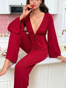 SweetSlumber Sweet Cute Sexy V-Neck Long Sleeve Pants Pajama Set For Women - Burgundy - View 1