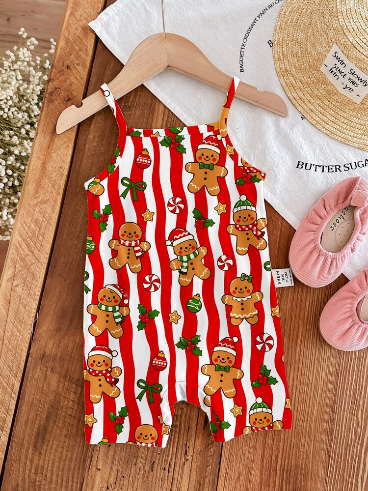 [1 Baby Romper Only]Merry Christmas, Cute Christmas Gingerbread Man Contrast Stripe Pattern, Baby Girl Casual Spaghetti Strap Romper Suitable For Spring/Summer, Christmas Eve, Christmas Atmosphere, Party, Creative Gift, Winter Snowflake - Multicolor - View 5
