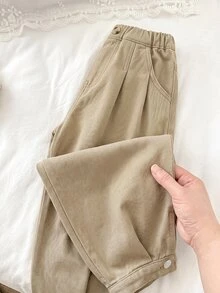 SHEIN 女童休閒日常牛仔長褲 壓褶口袋設計 - 卡其色 - 查看 7