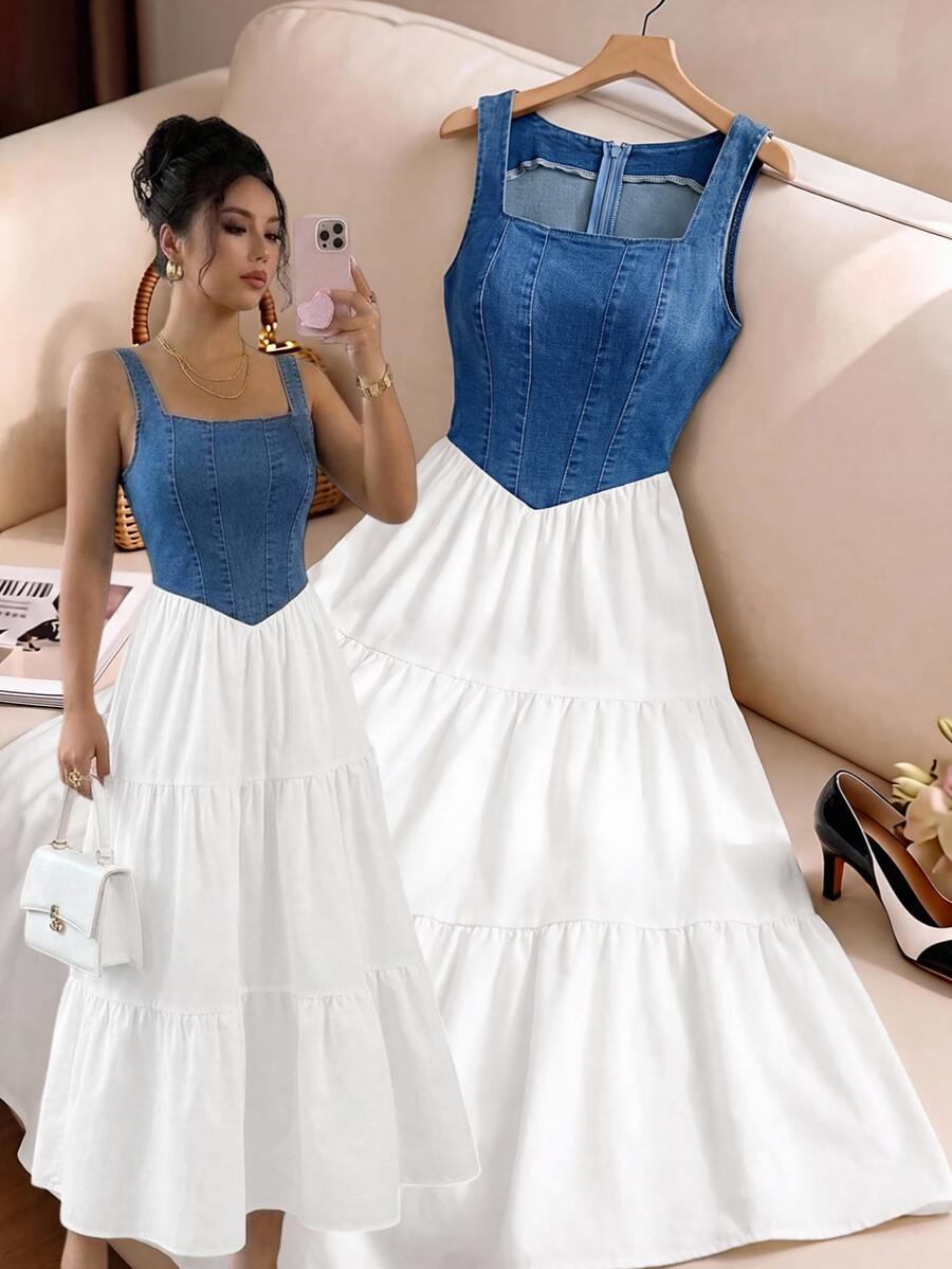 GlowEve CURVE Plus Size Women's Colorblock Pleated Casual Summer Denim Dress - Multicolor - View 1